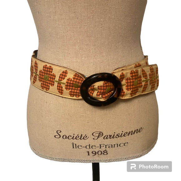 HADLEY POLLET BELT REVERSIBLE FABRIC BROWN BLUE TAN ORANGE FLORAL OS 38.5”L - Picture 2 of 10